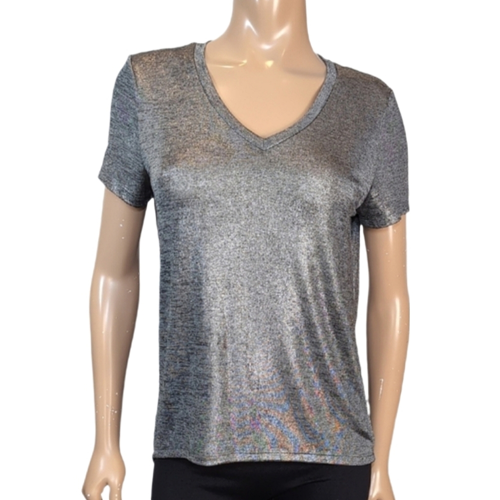3/$20 Joe Fresh Metallic Silver Vneck Tshirt Womens XS Shimmer Short Sleeve Top